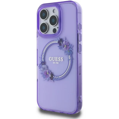 Afbeelding van Guess iPhone 16 Pro Max Backcover hoesje Magsafe flowers wreath Paars
