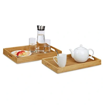 Afbeelding van Relaxdays dienblad bamboe set van 2 houten serveerblad presenteerblad met hoge rand