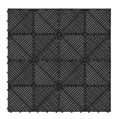 Afbeelding van Modulaire geventileerde kliktegels van zwart polypropyleen 3,2m x 6m, antislip, weerbestendig, 120 stuks met randen, draagcapaciteit 5 ton, ideaal voor garage en werkplaatsen.