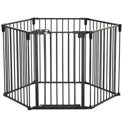 Afbeelding van PawHut Veiligheidsbarrière voor open haard, box honden, opvouwbaar, modulair, 6 panelen, met deur, zonder boren, 362,5 x 76 cm, zwart