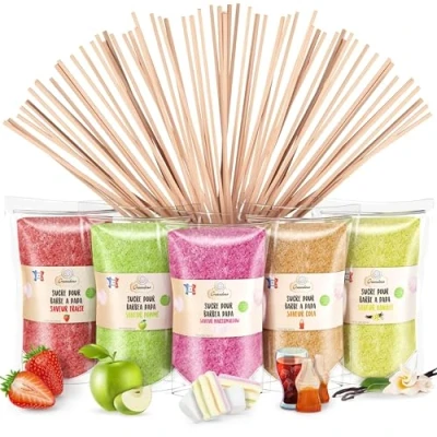 Afbeelding van Greendoso Suikerspin Suiker (5X350 Gr) = 1.750 KG (Natuurlijke smaken en kleuren) Aardbei Cola Appel Marshmallow Vanille + 50 Sticks van 30 Cm (Gratis) 1 Meetlepel