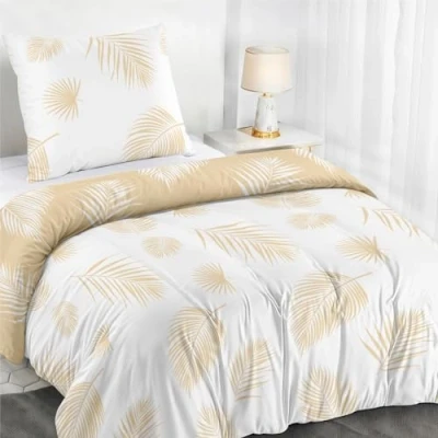 Afbeelding van Dreamzie Dekbedovertrek 140 x 200 cm met 1 kussensloop 65 cm, motief tropische palmbladeren, beige wit, beddengoed ritssluiting, voor eenpersoonsbed, Oeko TEX