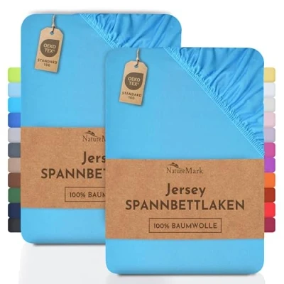 Afbeelding van NatureMark Set van 2 hoeslakens jersey, 100% katoen, in verschillende maten en kleuren, Öko Tex Standaard 100 kwaliteit, 90 x 200 cm, turquoise