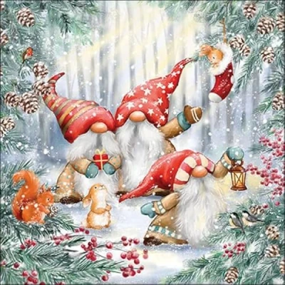 Afbeelding van Ambiente 20 servetten kerstdwergen met dieren in het winterbos, papieren motief, ook geschikt voor decoupage en servettechniek, 33 x