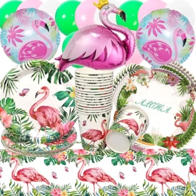 Afbeelding van Doyomtoy 76 stuks Hawaïaanse feestservies, flamingo, verjaardag, ballonnen, Hawaï, verjaardagsborden