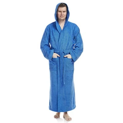 Afbeelding van Arus Pacific Badjas voor heren met capuchon, kuitlengte of enkel, badstof, 100% katoen, Oeko Tex gecertificeerd, Royal Blauw