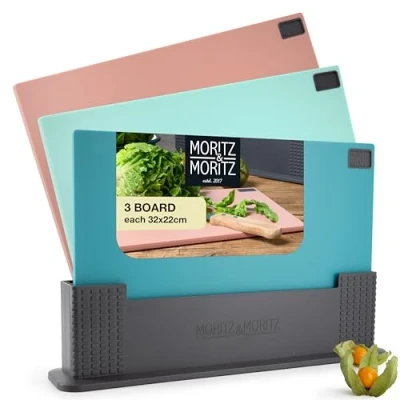 Afbeelding van Moritz &amp; Snijplanken van kunststof, 3 stuks, 32 x 22 cm, met praktische standaard, kleurrijke keukenplank, groot, vaatwasmachinebestendig en hygiënisch