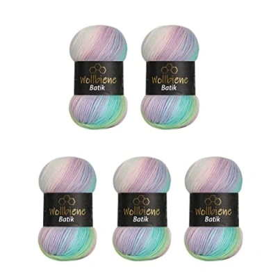 Afbeelding van Wollbiene Batik Wol, set van 5 bollen 100 g (500 g) Veelkleurige tinten Wol voor breien en haken (2010 groen roze wit pastel)
