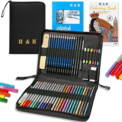 Afbeelding van kleurpotloden, kunstenaars, professionele tekenpotlodenset voor kinderen, volwassenen, schilders, ideaal het schetsen van kinderen (51 kleurrijke pennen met schetsblok en boek)