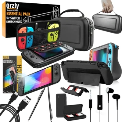 Afbeelding van Orzly switch Accessories Bundle Essentials Pack for Nintendo Case &amp; Screen Protector, Grip Case, Games Holder, Headphones Classic Black Edition