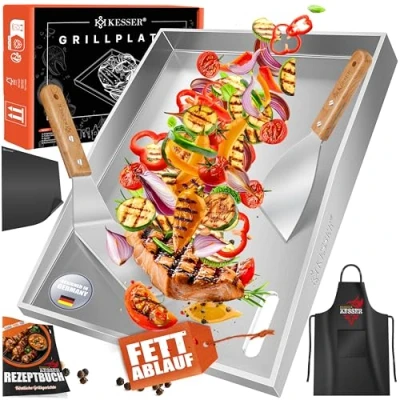 Afbeelding van KESSER® Grillplaat van roestvrij staal, kookplaat 40 x 30 4 cm, gas en houtskoolgrill met vetafvoer, hittebestendig tot 800 C, geschikt voor