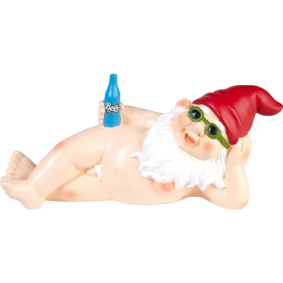 Afbeelding van BRUBAKER Naakte Liggende Tuinkabouter Nudist Kabouter met Bier en Zonnebril Grappige Frivole Nudistische Tuinfiguur Weerbestendige Decoratie voor Tuin Camping Buiten 24 cm