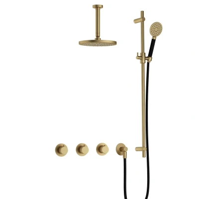 Afbeelding van Hotbath Cobber Regendoucheset IBS70 Geborsteld Messing Ronde handdouche 20cm Hoofddouche 15cm Plafondbuis Handouche met glijstang