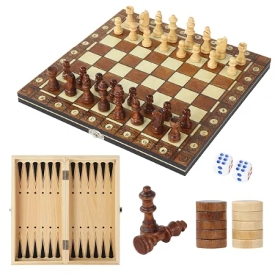 Afbeelding van Houten schaakbord, 3 in 1 29 x cm, magnetisch schaakbord van hout, draagbaar voor familie evenementen, volwassen feesten, reisschaakbord kinderen