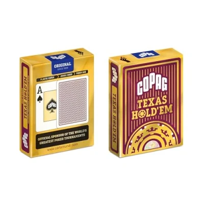 Image de COPAG 104006335 100% PLASTIC TEXAS HOLD&#039;EM GOLD FORMAT 63X88MM JUMBO FACE RED DECK