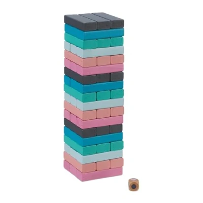 Afbeelding van Relaxdays vallende toren houten spel gekleurd stapeltoren wiebeltoren