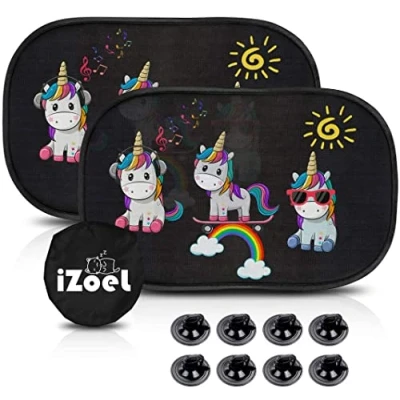 Afbeelding van IZoeL Zonnescherm voor auto, baby, kinderen, 2 stuks, zijruiten, motief olifant, eenhoorn, zelfklevend, 8 zuignappen, opbergtas, 51 x 31 cm, universeel, zonwering en uv bescherming (eenhoorn)
