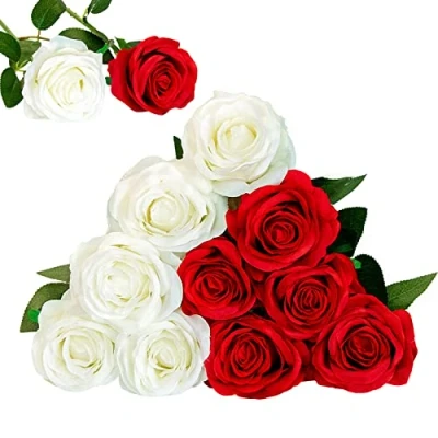 Afbeelding van Floralsecret 12 stuks kunstrozen, boeket, kunstzijde, bloemen, thuis, bruiloft, feest, decoratie (wit, rood)