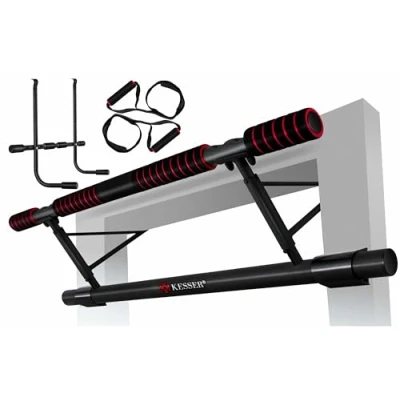 Afbeelding van KESSER® Pull up bar Station voor Thuis Sporten Optrekstang deur inclusief DIP &amp; Power Ropes Fitness Krachttraining Rood