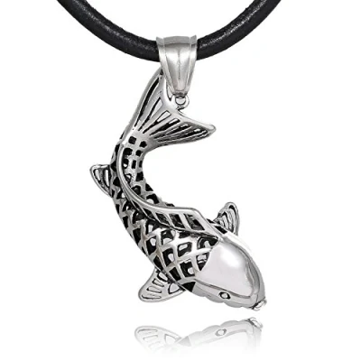 Afbeelding van DonDon Herenketting van leer met hanger in de vorm een geluksvis Koi Roestvrij staal fluwelen zakje, leer, Geen edelsteen, staal, edelsteen