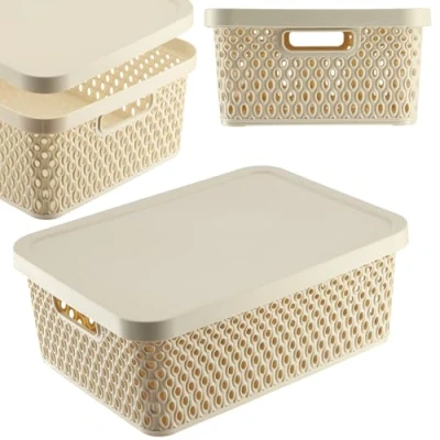 Afbeelding van KADAX Opbergmand, mand met deksel, opbergdoos, kunststof moderne plankmand, container ventilatiegaten (12 l, beige)