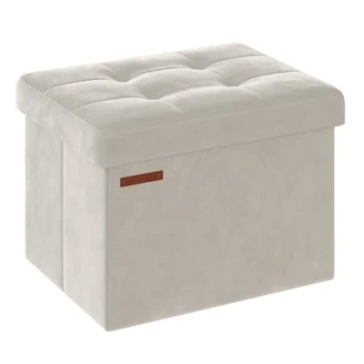 Afbeelding van SONGMICS Poef met opbergruimte, kleine inklapbare zitbank, 31 x 41 cm voetenbank, opbergdoos, tot 130 kg belastbaar, voor woonkamer, slaapkamer, slaapzaal, crèmewit
