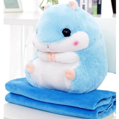 Afbeelding van YunNasi 2 in 1 mooi en schattig pluche dier hamsterkussen met fleece deken super grappig cadeau voor kinderen vriendin, 50 cm x 30 (blauw)