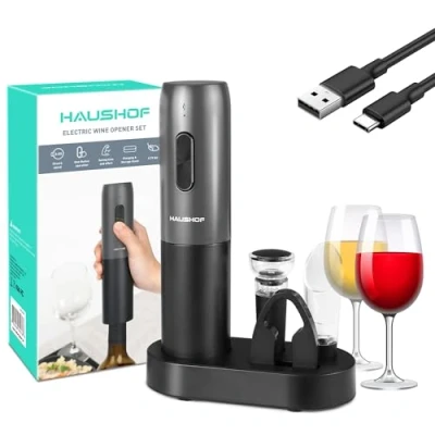 Afbeelding van HAUSHOF elektrische stopper, oplaadbaar, flesopener met schenktuit, vacuümwijnstop, oplaadhouder, USB oplader, kurkentrekker, luchtpomp, geschenkdoos