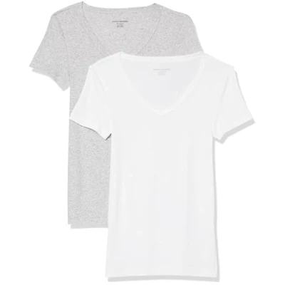 Image de Amazon Essentials T Shirt Col en v à Manches Courtes Coupe Ajustée Women&#039;s, Pack of 2, Blanc/Gris Clair Chiné, S