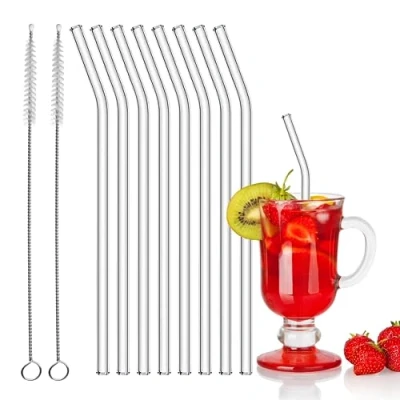 Afbeelding van 8 stuks herbruikbare glazen rietjes 20 cm gebogen voor cocktail transparante met 2 reinigingsborstels cocktails, smoothies en sappen