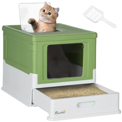Afbeelding van PawHut Litière pour chat Avec couvercle bac de fond et pelle Boîte désodorisante En plastique Blanc vert 47,5 x 35,5 36,7 cm