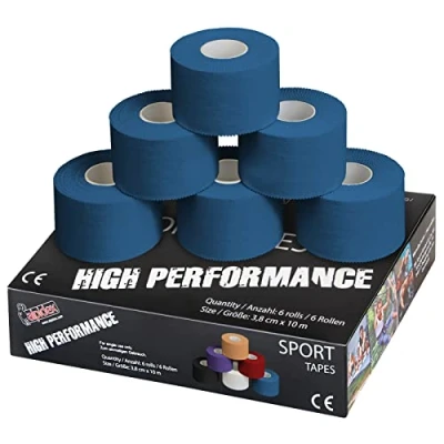 Afbeelding van ALPIDEX 6 x sporttape, 3,8 cm 10 m, verschillende kleuren, gewrichtsband, niet elastisch, handbal, voetbal, volleybal, kleur: blauw