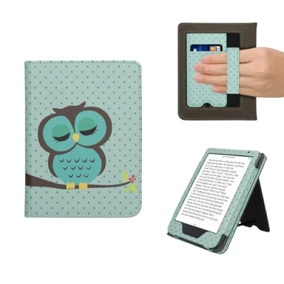 Afbeelding van kwmobile E reader hoesje geschikt voor Kobo Clara BW / Colour hoes flip case van kunstleer Ereader cover met stand Slapende Uil design in turquoise bruin mintgroen