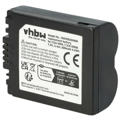 Afbeelding van Li ion batterij 600 mAh, compatibel met PANASONIC, vervangt CGA S006 / S006E CGR DMW BMA7