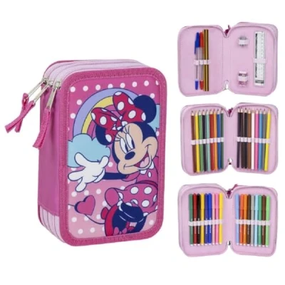 Afbeelding van CARTOON etui met meerdere vakken, 3 ritssluitingen voor school, complete kleurpotloden, viltstiften, Minnie (2),