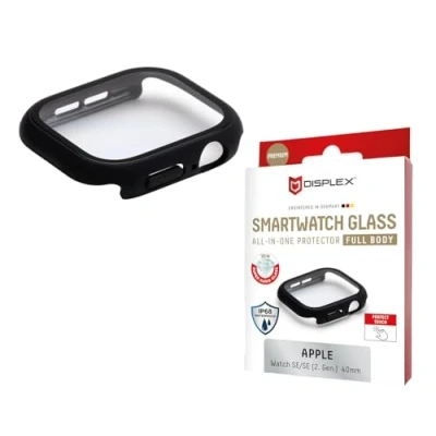 Afbeelding van Displex 10H Panzerglas für Apple Watch SE/SE2 (40mm), Full Body Schutz, IP68, Snap On, black frosted, Schermbeschermer, Smartwatch, Zwart, Apple, Polycarbonaat (PC), Gehard glas