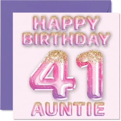 Afbeelding van Verjaardagskaart voor tante 41 jaar, roze en paarse glitterballonnen, verjaardagskaarten jarige van neef nichtje, 145 mm x
