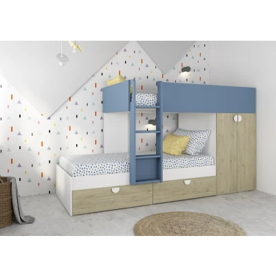Afbeelding van Fratello stapelbed met kast en lades 90x190 Witgrenen/blauw