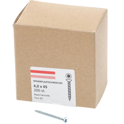 Afbeelding van spaanplaatschroeven verzinkt platverzonken kop TX20 voldraad 4.0X45 (per 200 stuks)