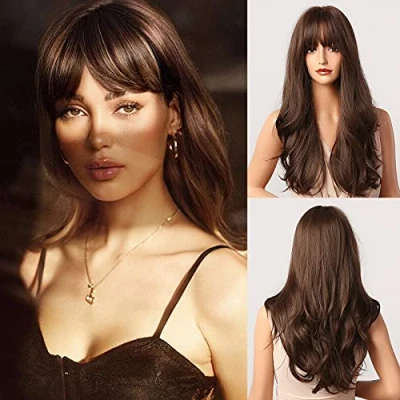 Afbeelding van Honygebia bruine pruik met pony lange, golvende pruiken voor vrouwen, synthetisch haar, hittebestendig, chocoladebruin, natuurlijke look Halloween/Kerstmis