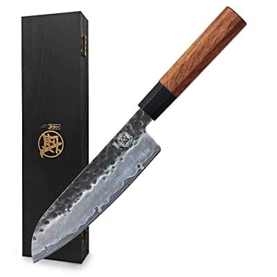 Afbeelding van MITSUMOTO SAKARI Japanse keuken, 19 cm, keukenmes van koolstofstaal, handgesmede Santoku keukenmessen (handvat rozenhout en geschenkdoos)