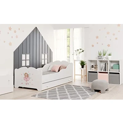 Afbeelding van KOBI Kinderbed Anna wit met roze fee lade opslag 160 x 80 cm meisjesbed voor kinderen matras en frame de babykamer eenpersoonsbed barrière