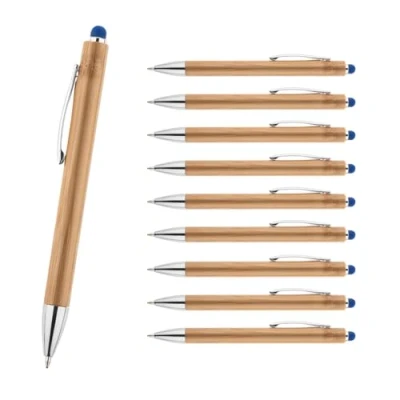 Afbeelding van WPRO Bamboo Lot de 10 Stylos à bille en bambou bleu durables encre bleue avec mine interchangeable et fonction tactile pour smartphones