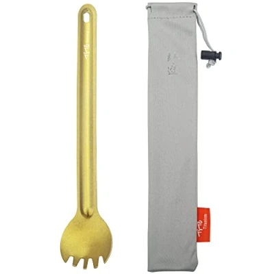 Afbeelding van TiTo Titanium Milieuvriendelijke ultralichte lepel en vork met lange steel voor kamperen, wandelen, reizen, picknick (gouden vork)
