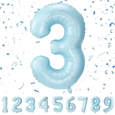 Afbeelding van Verjaardagsballon in de vorm van een cijfer 3, maat XXL, aluminium, 101 cm, pastelblauw, opblaasbaar, helium, verjaardagsdecoratie