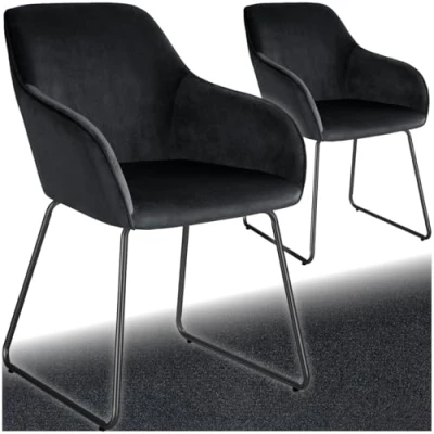 Afbeelding van tectake® Eetkamerstoel Jeane Set van 2 Eetkamerstoelen met doorlopende rugleuning en armleuning Kuipstoelen fluwelen bekleding Stijlvolle keukenstoelen voor eetkamer of woonkamer Slipvrije vloerbeschermende voetjes Zwart/zwart