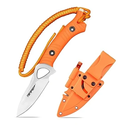 Image de TONIFE Explorer Couteau fixe avec étui plastique Lame 8Cr14MoV de survie, manche en nylon renforcé fibres verre pour le camping plein air EDC (Orange+Satin)