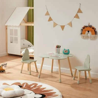 Afbeelding van Kindertafelset Epim met 2 kinderstoelen wolkdesign mintgroen en naturel [en.casa]