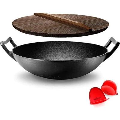 Afbeelding van NutriChef, Wokpan inductie Voorbehandelde Gietijzeren Roerbakpan Anti aanbak Wok Houten Deksel voor Elektrische Kookplaat Groot Zwart