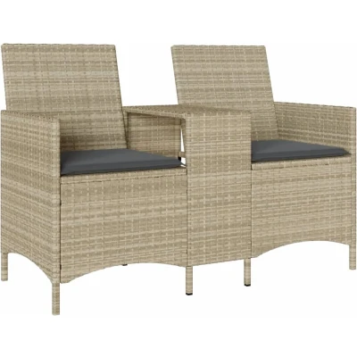 Afbeelding van Tuinbank 2 zits met tafel en kussens poly rattan lichtgrijs